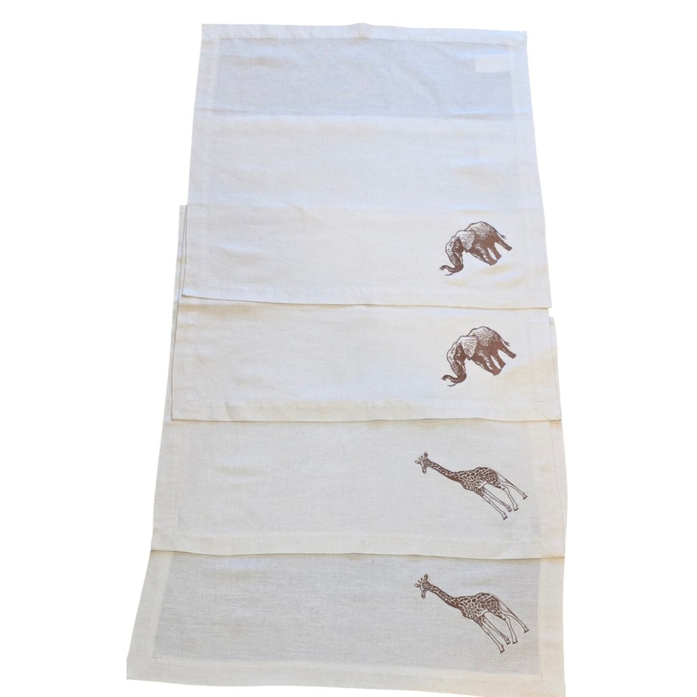 Vintage Embroidered Linen Safari Napkins Elephant Giraffe Set of 4 Cream Brown